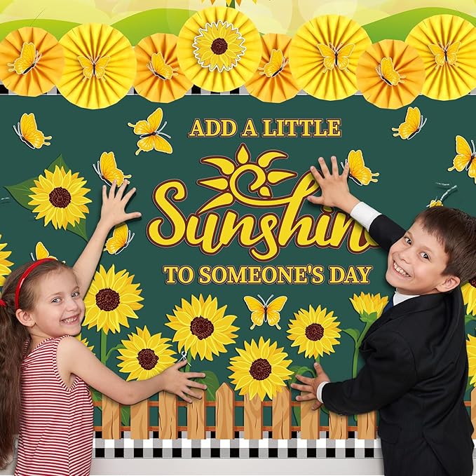 Janlaugh 72 Pcs Sunflower Bulletin Board Decorations with Paper Fans Summer Butterflies Flowers Classroom Bulletin Board Set Sunflower Cutouts for Classroom Office Window Wall Back to School Decor