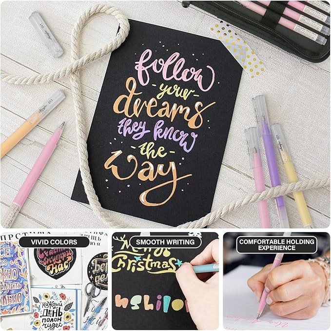 24 Colors 3D Acrylic Gel Pens & Black Paper Sketchbook for Drawing, 1mm Fine Point Acrylic Ink Pen, Opaque Archival Dull Ink Pens for Black Paper Drawing, Sketching, Illustration, Card Making