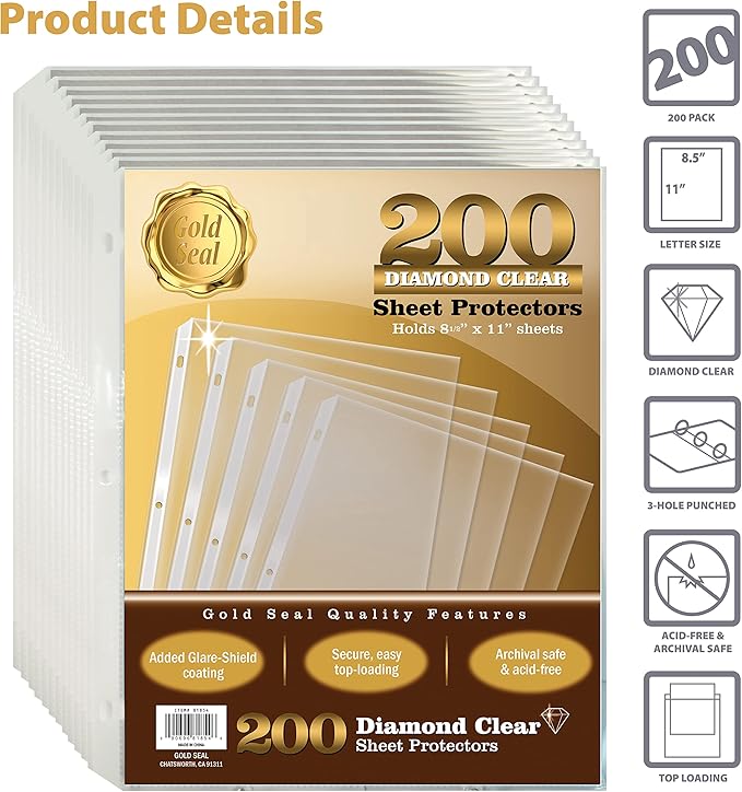 GOLD SEAL 200 Count Diamond Clear Sheet Protectors, Added Anti Glare Coating, Standard Durable Weight, 8.5 x 11, Topload, 200 Boxed Sheet Protectors