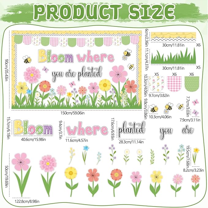 Spring Bulletin Board Set Colorful Flower Cutouts Flower Classroom Decoration Bloom Where You are Planted Bulletin Board Spring Floral Cut Out for School Classroom Office Home Chalkboard Wall Decor