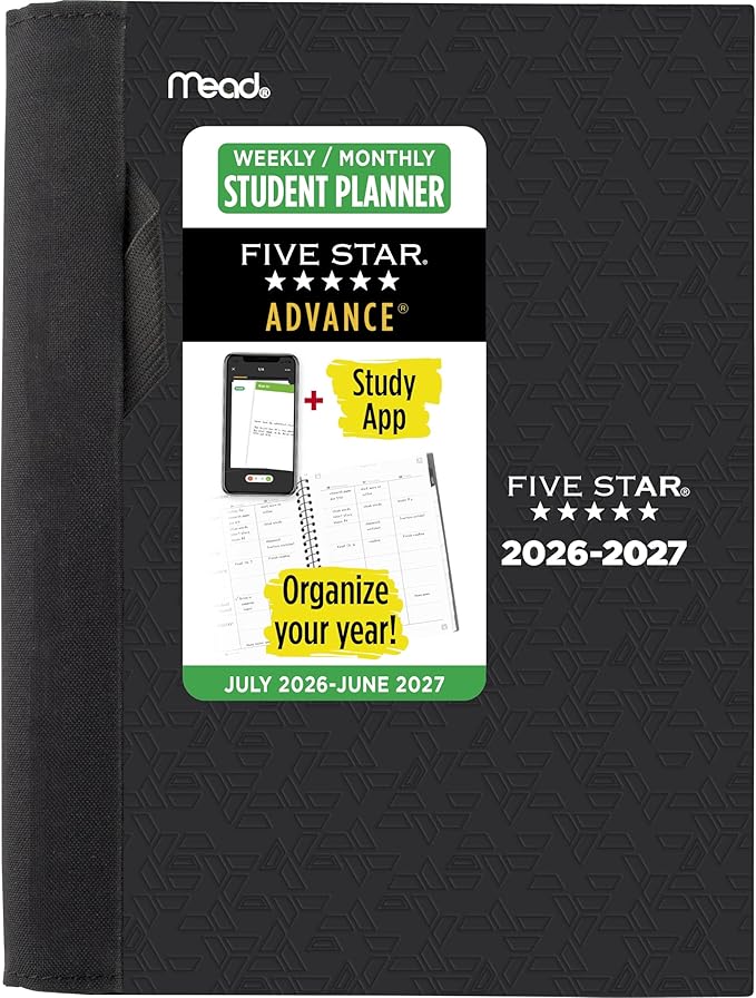 Five Star Planner 2026-2027 Weekly & Monthly Academic 12-Month July-June Advance Student Planner + Study App, 5-1/2" x 8-1/2", Black (CAW45905)
