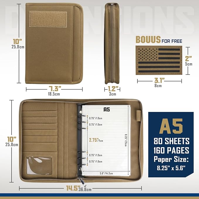WYNEX Tactical Notebook Padfolio Ring Binder - Refillable A5 6-Ring Binder, Zip Hardcover Notebook with 80 Pages, Water-Resistant Notebook Cover for Planners, College, Office, Field, Gift