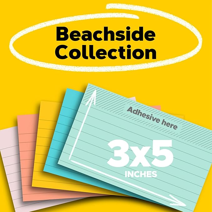 Post-it Notes Original Pads in Beachside Cafe Collection Colors, 3" x 5", 100 Sheets/Pad, 5 Pads/Pack