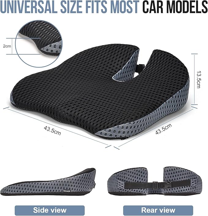Car Seat Cushion, Memory Foam Car Wedge Seat Cushion for Driving, Height Booster & Posture Support, 4D Mesh Seat Pad with Adjustable Straps (Deep Black)
