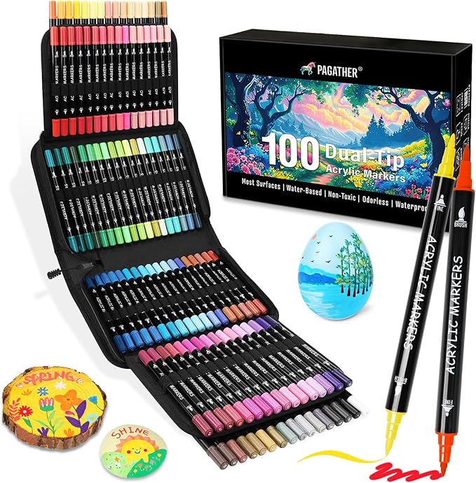 100 Colors Acrylic Paint Markers, Dual Tip with Fine Tip and Brush Tip Pens for Stone, Wood, Calligraphy, Canvas, Ceramic, Metal, Glass, Rock Painting, DIY Crafts Art Supplies Kit