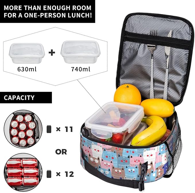 Cute Colorful Cats Insulated Lunch Bag,Kids Lunch Box For Girls Boys Teen,Kid Lunch Box Containers Cooler Bag With Front Pocket For Women Men,Reusable Lunch Tote Bag Lunchbox For School/Work/Picnic