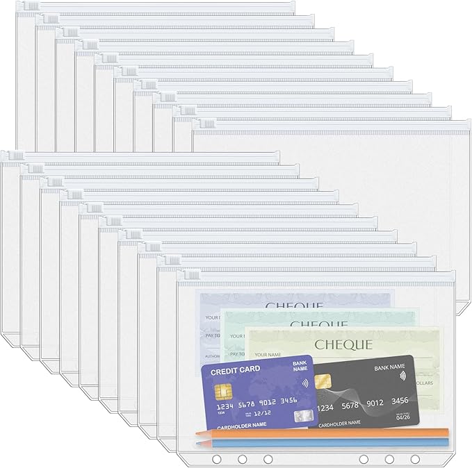 Antner 20pcs A5 Binder Pockets 6-Hole Budget Planner Inserts Cash Stuffing Envelopes for Money Organizer, White Zipper Pouch Folders Waterproof PVC Loose Leaf Filling Bags for A5 6-Ring Savings Binder