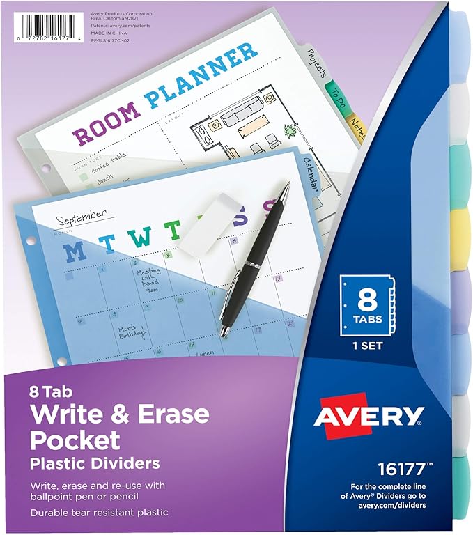 Avery Write & Erase Pocket Plastic Dividers for 3 Ring Binders, 8-Tab Sets, Multicolor, Tabs Viewable Beyond Sheet Protectors, 24 Sets (16177)
