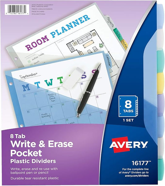 Avery Write & Erase Pocket Plastic Dividers for 3 Ring Binders, 8-Tab Sets, Multicolor, Tabs Viewable Beyond Sheet Protectors, 24 Sets (16177)