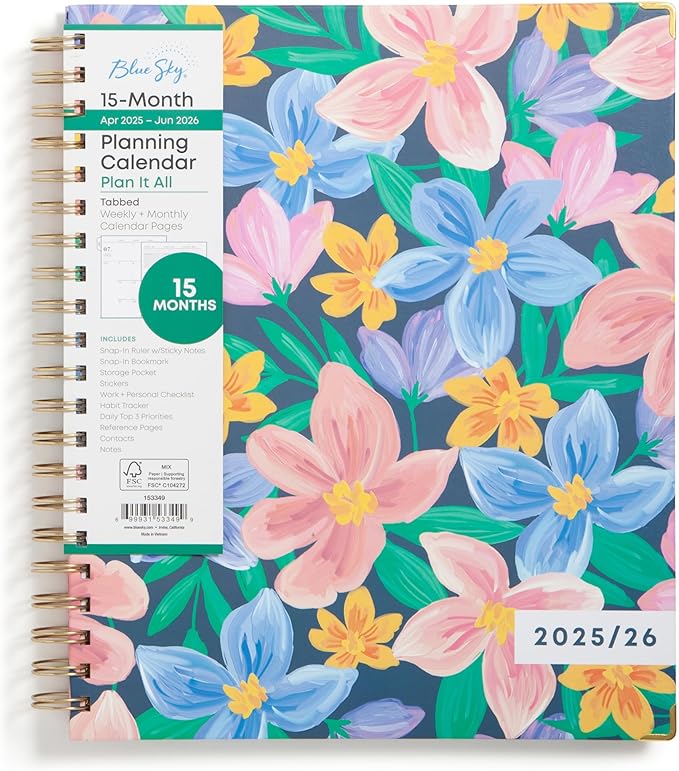 Blue Sky 15 Month Weekly and Monthly Academic Year Planner Calendar, April - June, Hard Cover, Wirebound, Laminated Tabs, Storage Pocket, Includes Snap-in Ruler w/Sticky Notes & Sticker Sheet (Nerina- 2025/2026, 8.5" x 11")