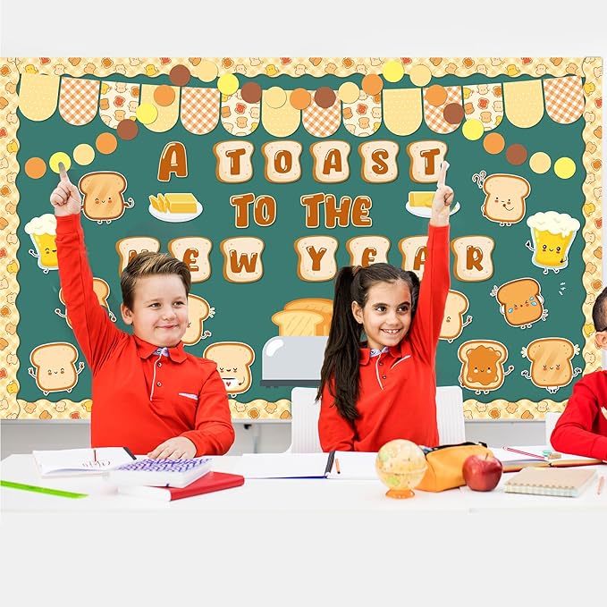 party greeting New Year Toast Bulletin Board Decorations A Toast to The New Year Bulletin Board Set Cartoon Cute Toast Paper Cutouts Winter Season Happy New Year Classroom Wall Door Decor