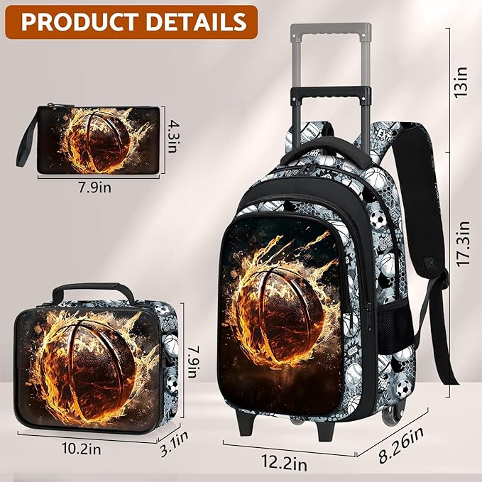 Basketball Rolling Backpack for Boys - 3PCS Boys Rolling Backpack with Lunch Box Set for Kids Children Teens Elementary Middle School,Sport Roller Bookbag with Wheels for Age 6-18