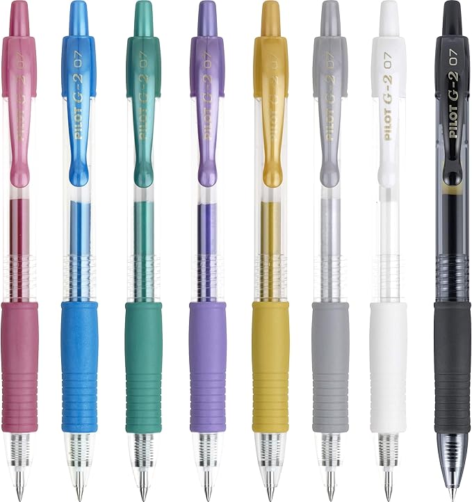 Pilot G2 Premium Metallics Gel Pens, Gel Roller Pens, Fine Point 0.7 mm Assorted Colors Pack of 8