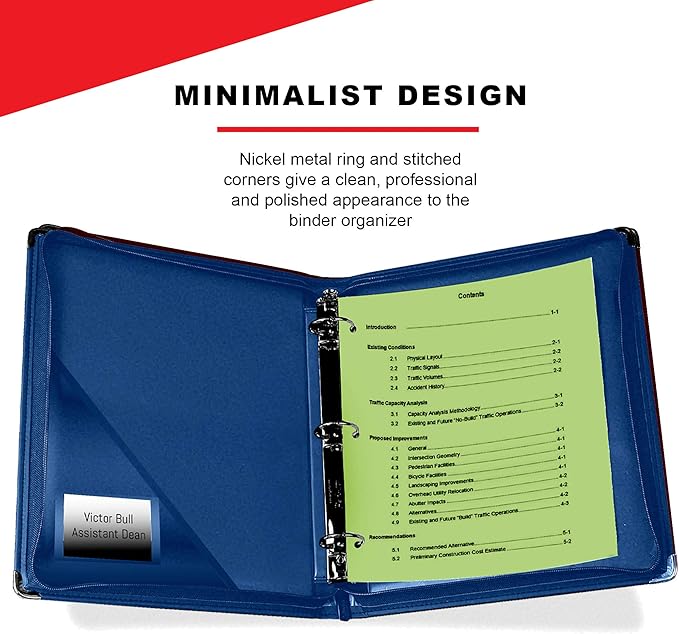 Leather Portfolio 3 Ring Binder with Zipper – Performore Professional Padfolio with Metal Corners, 1.25 Inch Rings, Faux Leather Organizer for Documents, Business, Legal Pads, Letter Size, Blue
