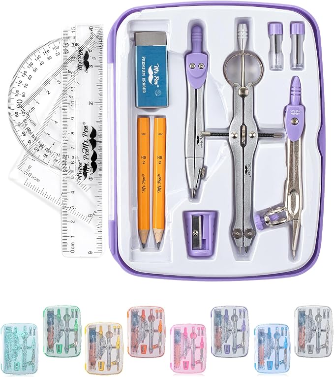 Mr. Pen- Geometry Set, 13 pcs, Compass for Geometry Compass, Geometry Kit Set with Shatterproof Storage Box, Math Compass, Geometry Set for School, Compass Math, Protractor and Compass Set, Purple