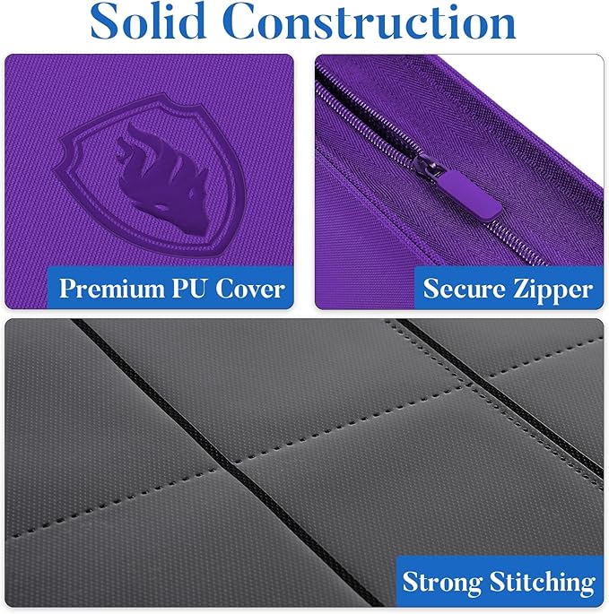 Premium Zip Card Binder, Fabmaker 9 Pocket Trading Card Binder, PU Cover Zipper Card Collection Album, Sturdy 360 Side-Loading Card Folder Holder for Game & Sports Cards, Purple