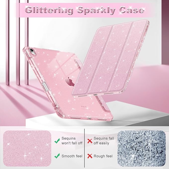 Fintie Slim Case with Pencil Holder for iPad Air 11-inch M4/M3/M2 (2026/2025/2024), iPad Air 5th (2022) / 4th Generation 10.9 Inch - Glittering Sparkly Cover with Shiny Clear Back Shell, Light Pink