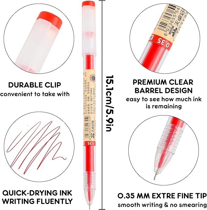 RIANCY 12 Pack Red Ink Japanese Style Stationery Gel Pens, 0.35mm Extra Fine Point Tip, Quick Dry No Smear No Bleed Pen, Smooth Writing Pens for Journaling Note Taking Office School Supplies