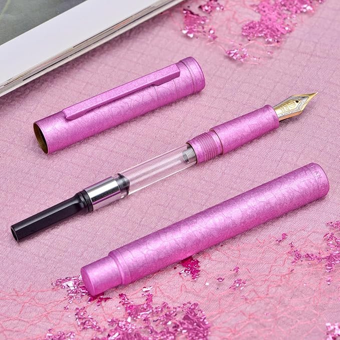 Hongdian 1851 Forest Fountain Pen Pink Ice Flowers, Fine Nib Classic Design with Converter and Metal Pen Case