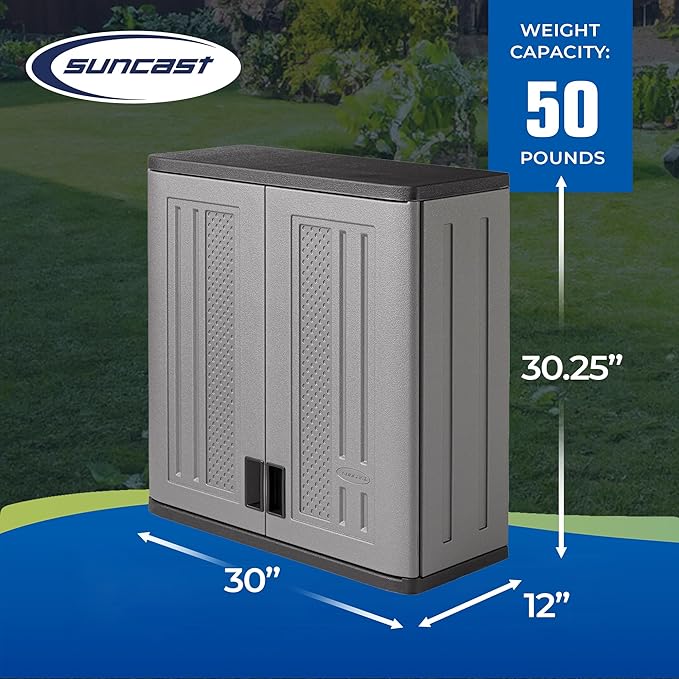 Suncast BMC3000 Cabinet-Resin Construction for Wall Mounted Garage Storage, 30.25" Organizer Doors & Slate Top, Silver/Platinum
