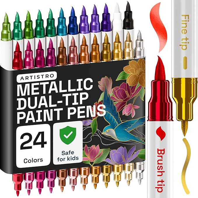 ARTISTRO 24 Metallic Acrylic Paint Markers - Paint Pens for Calligraphy, Brush + Fine Tips - Vision Board Supplies - Kit for Scrapbooking and Journaling - Art Supplies for Adults, Teens, Kids