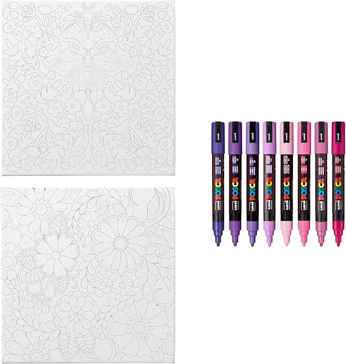 POSCA Canvas Paint by Number Kit, Lilac Dream - 8 Markers with 2 Pre-Drawn Canvases - For All Artists and Holiday Gifting