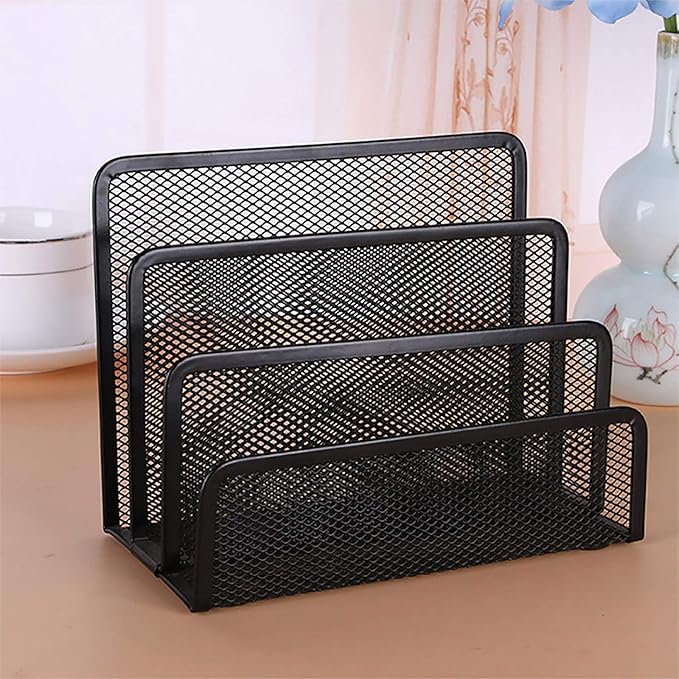 VANRA Small Letter Sorter Desktop File Holder Organizer Metal Mesh with 3 Vertical Upright Compartments (Black)