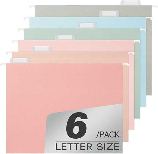 Hanging File Folders Letter Size,Pastel Colors,6 Pack Hanging File Folders with 1/5-Cut Tabs,Heavy Duty 1 Inch Expansion,Stay Organized for Your Home and Office Bulk File,Documents and Paper