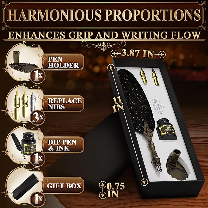 Black Feather Quill Pen and Ink Set – Feather Pen and Ink Set with Stainless Steel Nib & Stand for Practice, Drawing, Signatures & Vintage Decor – Designed for Calligraphy Beginners, Authors & Writers