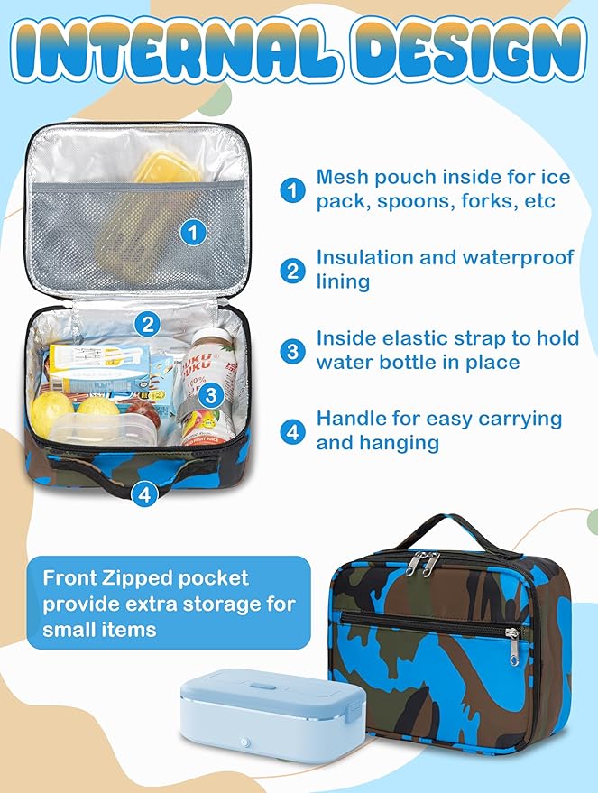 BLUEFAIRY Kids Backpack with Lunch Box for Girls Boys Elementary Primary Middle School Bag with Lunch Bag Set 17 Inch Bookbag Mochilas Escolares para Niñas Niños (Camo, Sky Blue)
