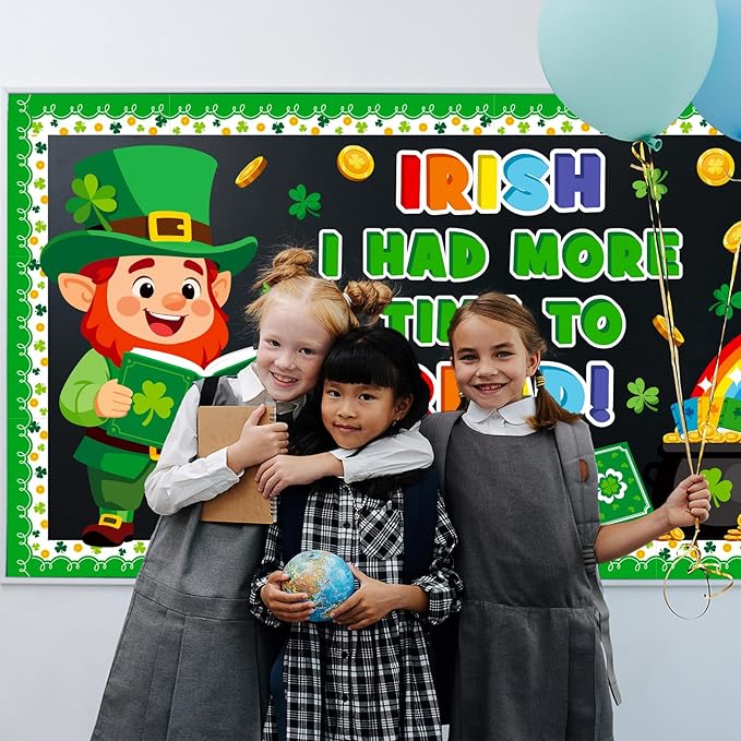 St. Patrick's Day Reading Bulletin Board Decoration Set, March Library Classroom Decorations Leprechaun Lucky Charms Shamrock Rainbow Clover Book Pot of Gold Cutouts School Wall Door Decor for Teacher