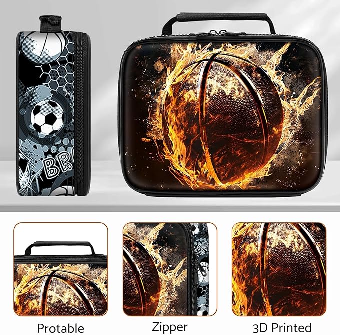 School Backpack for Boys - 4pcs Basketball Boys Backpack with Lunch Box Set for Kids Children Teens Elementary Middle School - 17″ Sport Bookbag Travel Back Pack for Age 6-18