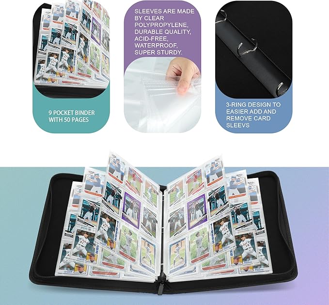 9 Pockets Trading Card Binder with Sleeves Card Organizer, 900 Double Sided Pocket PU Card Collection Binder, Baseball Binder,for Sports Card, MTG, TCG Yugioh Card (White)