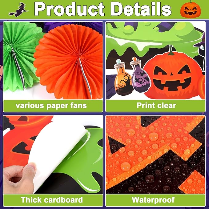 3D 98Pcs Halloween Bulletin Board Set Halloween Theme Classroom Decorations Witch Cauldron Paper Cutouts Colorful Hanging Paper Fan for Classroom School Chalkboard Home Wall Decor Supplies