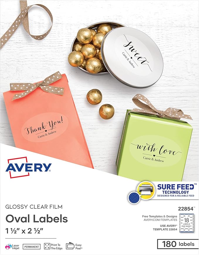 Avery Printable Blank Oval Labels, 1.5" x 2.5", Glossy Crystal Clear, 180 Customizable Labels (22854)