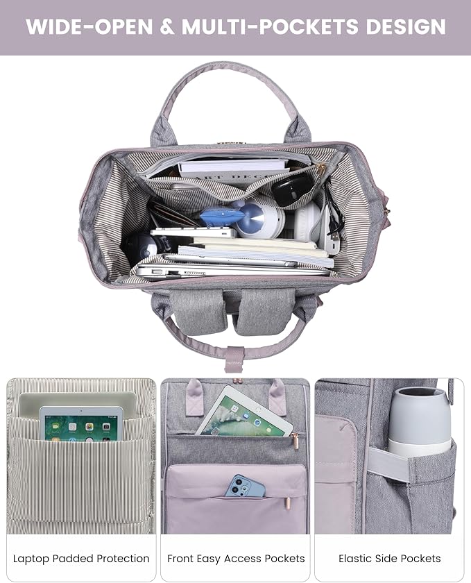 LOVEVOOK Laptop Backpack for Women, 17 Inch Work Teacher Nurse Bag, Large Capacity Business Computer Backpack Purse with USB Port, Stylish Casual Daypack for Travel,Grey&Light Purple