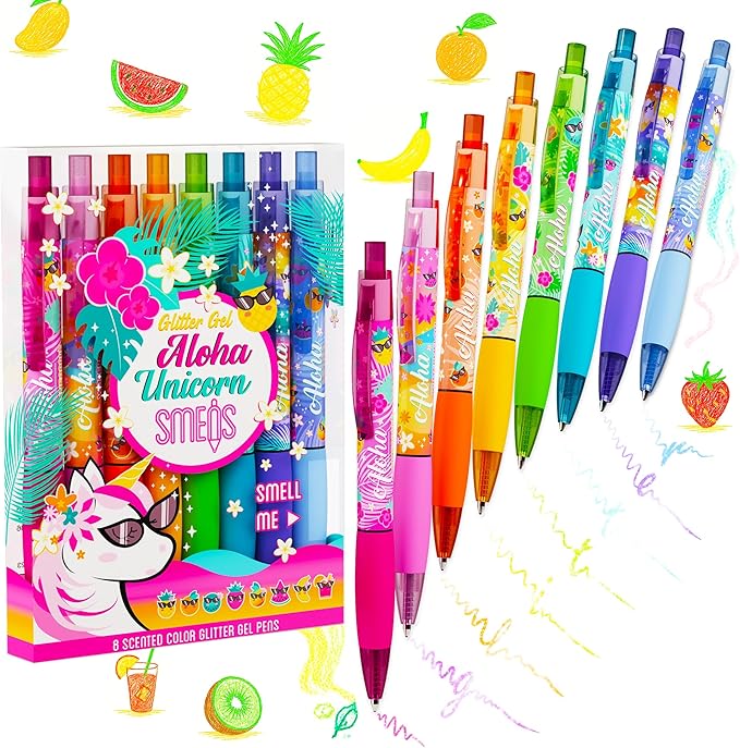 Glitter Gel Smens (Aloha Unicorn) - Patented Gourmet Scented Pens, Colored Glitter Gel Ink, Medium Point, 8 Count