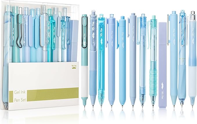 Mr. Pen- Gel Pen Set, 12 Pack, Pastel Blue Barrels, 1 x Aesthetic Highlighter, 0.5mm Black Ink Gel Pens for Journaling