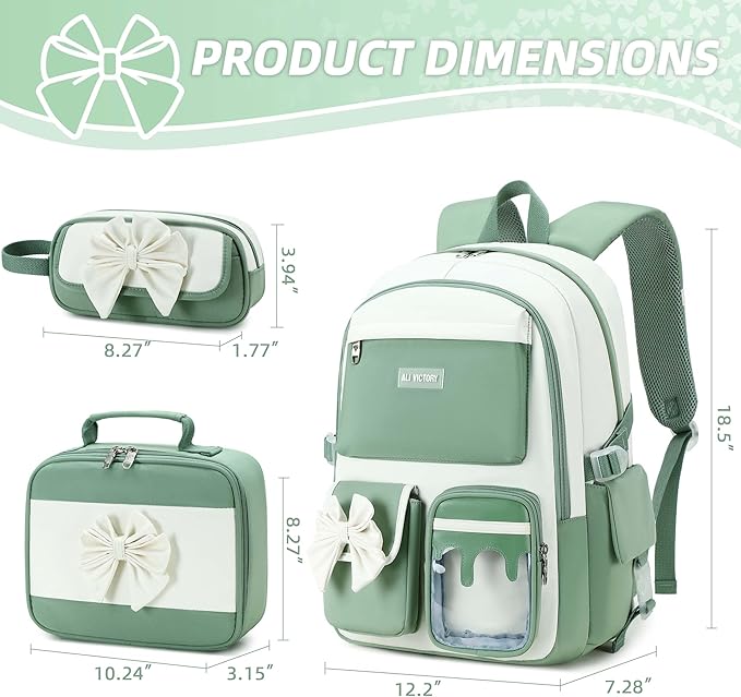 School Backpack for Girls 3PCS Nylon Kids Backpack Set with Lunch Box & Pencil Pouch, Cute Lightweight Teen Girls School Bag Laptop Bag Travel Daypack for Elementary Middle High School Beige Green