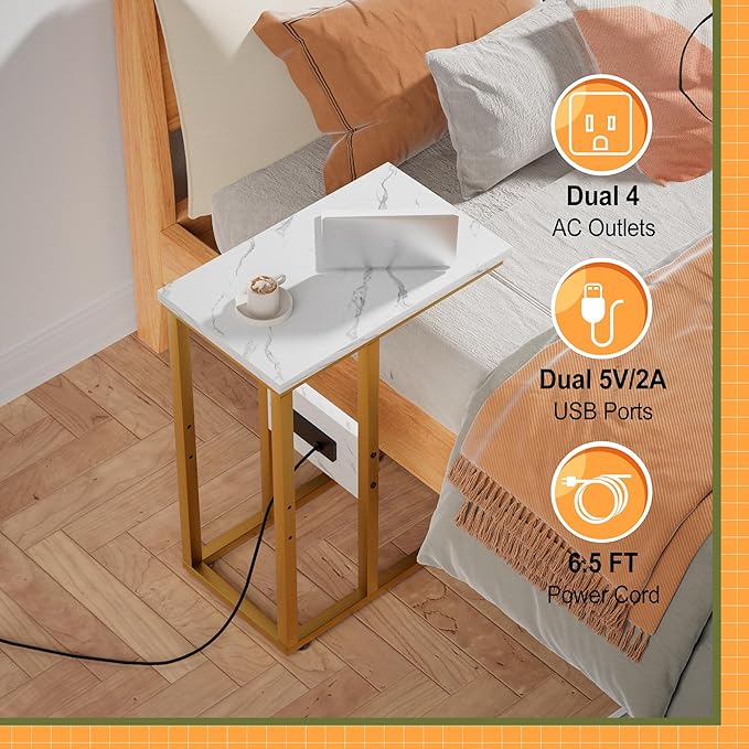 VECELO C Shaped End Table with Charging Station & Power Outlets, Quick Access Side Table for Sofa, C Bedside for Living Room Bedroom 1 Set,Gold