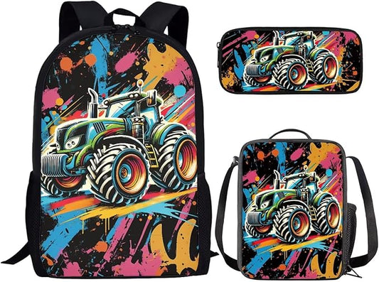 CLOHOMIN Tractor Bookbag for Kids Boys with Lunch Bag Large Capacity Bookbag Set of 3 Cool Lunch Box Pencil Case for Kids Ages 6-8/8-12 Middle School Bag 2nd Grade with Lunchbox