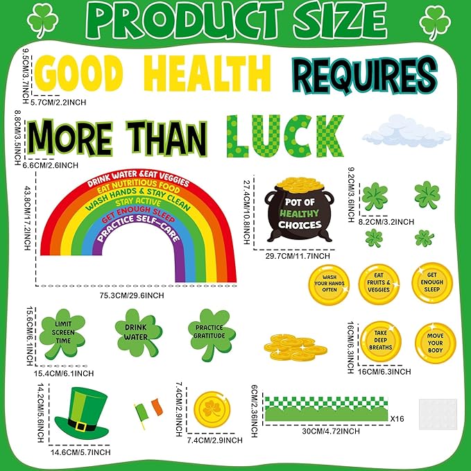 St. Patrick's Day Health Bulletin Board Lucky Shamrock Bulletin Board Decorations Rainbow Gold Coin Paper Cutouts for St. Patrick Party Supplies Home Classroom Chalkboard Wall Door Window Decoration