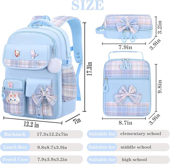Girls Backpack,Kids School Backpack With Lunch Box Pencil Case Set,Cute Childrens Schoolbag For Girls