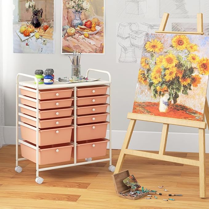 COSTWAY 12-Drawer Rolling Storage Cart, Moveable Art Craft Organizer W/Lockable Wheels, Metal Shelf, Files Arrangement Tools Makeup Storage Cart for Office, Home, School, Peach