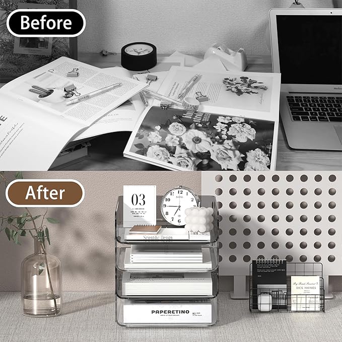 Acrylic Paper Tray Organizer for Desk, Clear & Brown Stackable Letter Tray, 4-Tier Paper File Organizer, Office Desk Accessories for Document Organization
