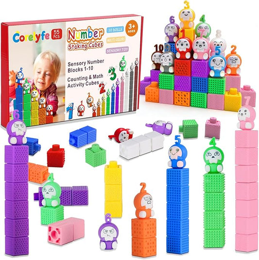 Number Learning Sensory Stacking Cubes: 65PCS Soft Number Counting Blocks for Toddlers Ages 3-6 - STEM Math Learning Toys with 1-10 Figurines, Preschool Sensory Activities for Kids Boys & Girls