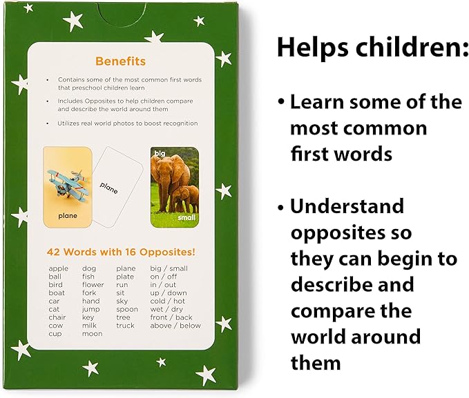 Award-Winning First Words & Opposites Flash Cards for Kids Ages 2-8 – 36 Durable Cards with Real Pictures – Preschool, Kindergarten & Early Elementary Learning