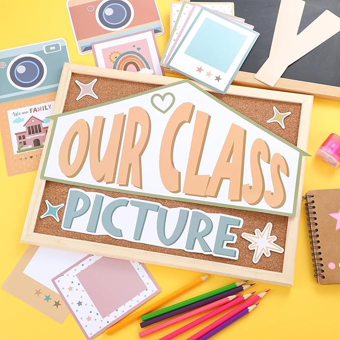 52 Pcs Boho Bulletin Board Decor for Classroom, Our Class is a Family Picture Frame Bulletin Board Set for Teachers Chalkboard School Home Door Decor