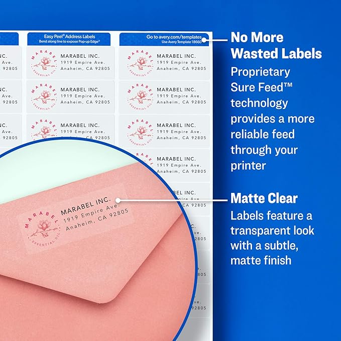 Avery Printable Return Address Labels with Sure Feed, 0.5" x 1.75", Matte Clear, 2,000 Blank Mailing Labels (05667)