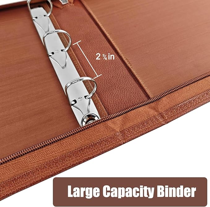 LLi Cufite 3 Rings Check Binder for End-Stub Deskbook Checks, Zipper Business Check Binder, 3 on a Page, Fit 3 & 9 Holes Check Faux Leather (Brown)